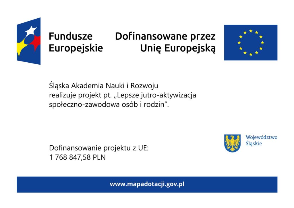 Projekt plakatu informującego o dofinansowaniu projektu „Lepsze jutro – aktywizacja społeczno-zawodowa osób i rodzin” ze środków Funduszy Europejskich; zawiera logotypy UE i informacje o realizatorze oraz kwocie wsparcia (wizualizacja)”